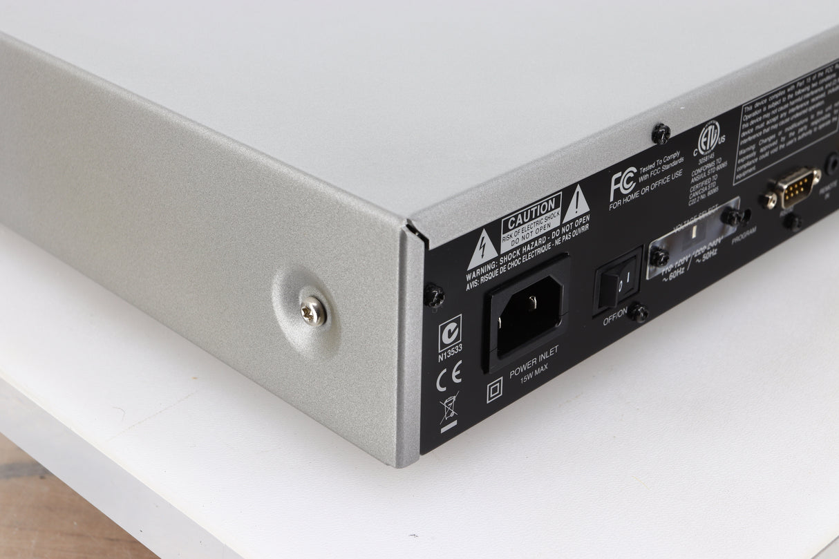 Rear right corner of a used Arcam FMJ T32 FM / DAB Tuner in a silver finish