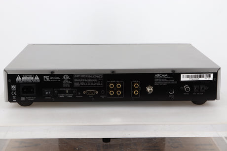 Rear view of a used Arcam FMJ T32 FM / DAB Tuner in a silver finish showing Mains Input and Phono Inputs