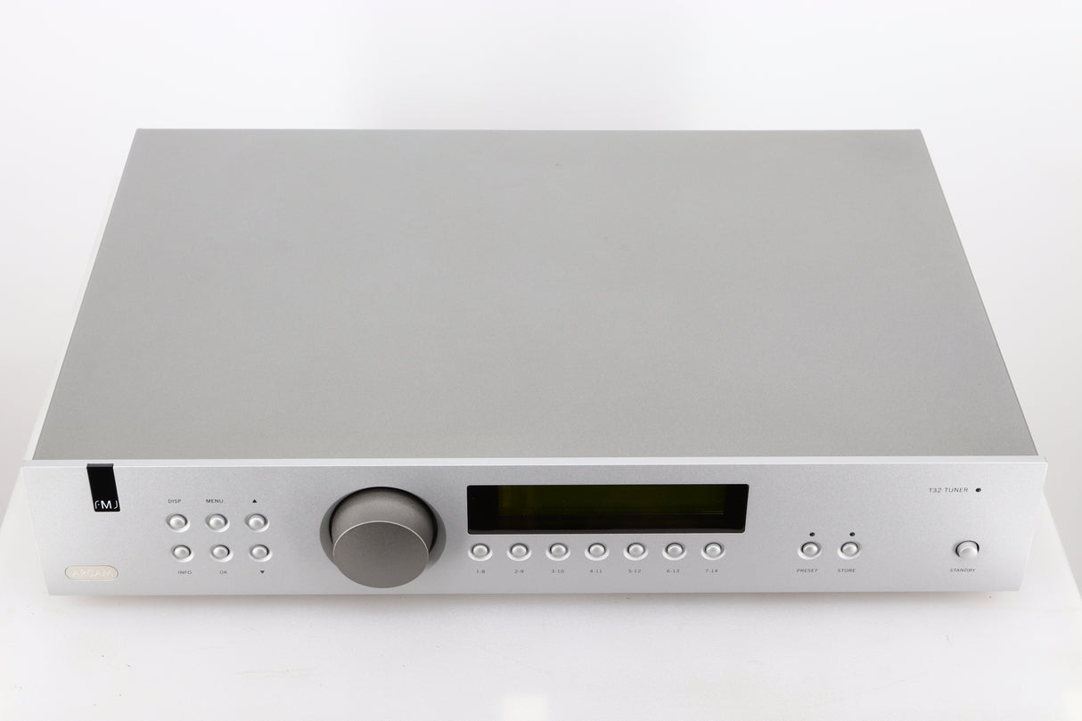 Top of a used Arcam FMJ T32 FM / DAB Tuner in a silver finish