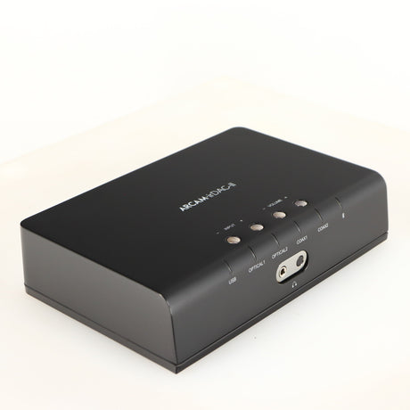 Front left corner of a used Arcam ir-DAC-II Digital Analogue Converter in a black finish
