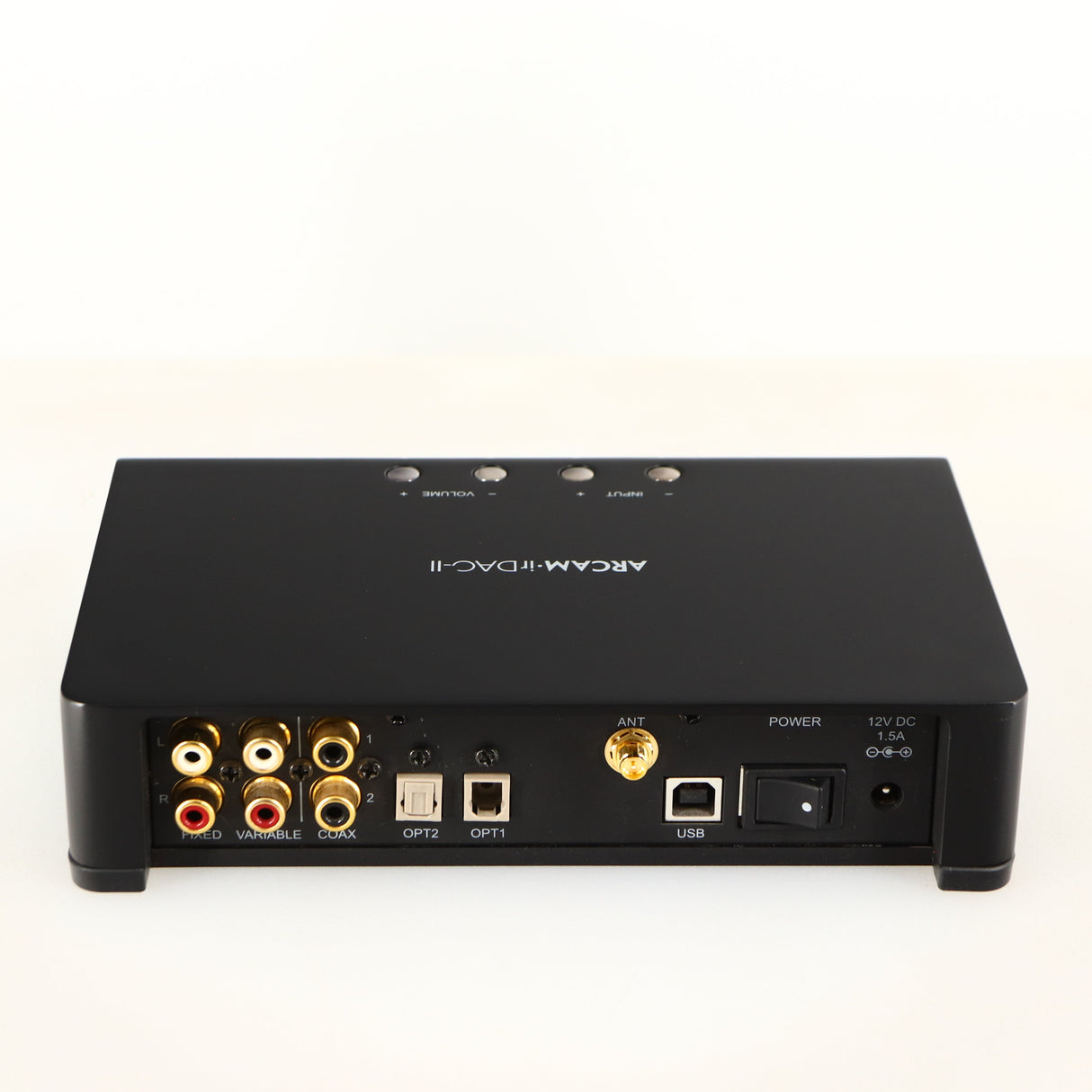 Rear view of a used Arcam ir-DAC-II Digital Analogue Converter in a black finish showing Optical Outputs, USB Input, Phono Inputs and Power Input