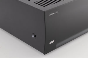 Front left corner of a used Arcam P349 Power Amplifier in a Black finish