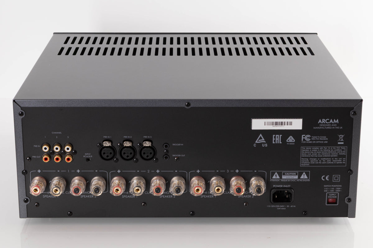 Rear view of a used Arcam P349 Power Amplifier in a Black finish showing Phono Inputs, Phono Outputs, Mains Input and XLR Inputs