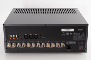 Rear view of a used Arcam P349 Power Amplifier in a Black finish showing Phono Inputs, Phono Outputs, Mains Input and XLR Inputs