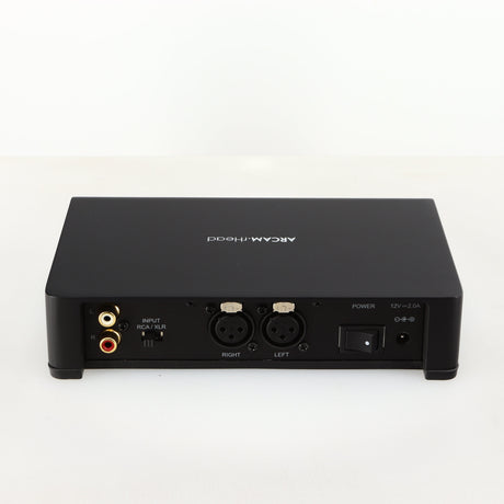 Rear view of a used Arcam rHead Headphone Amplifier in a black finish showing Phono Inputs and Power Input