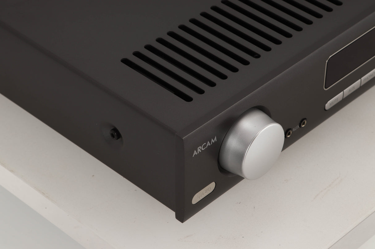 Front left corner view of a used Arcam SA20 Integrated Amplifier