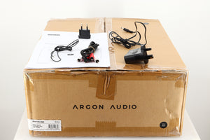 Box for a used Argon TT-3 PLUS Turntable / Ortofon 2M Red Cartridge showing Power Supply, Manual, Schuko Plug and Interconnect Cable 