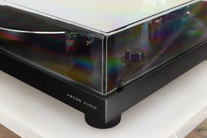 Front right corner of a used Argon TT-3 PLUS Turntable / Ortofon 2M Red Cartridge in a black finish