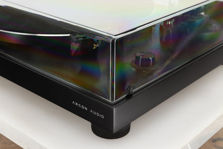 Front right corner of a used Argon TT-3 PLUS Turntable / Ortofon 2M Red Cartridge in a black finish