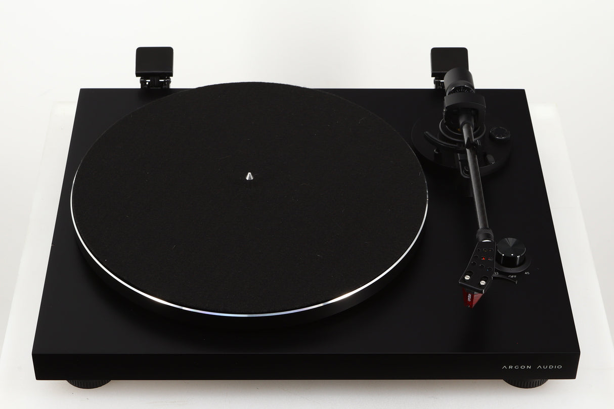 Front view of a used Argon TT-3 PLUS Turntable / Ortofon 2M Red Cartridge in a black finish