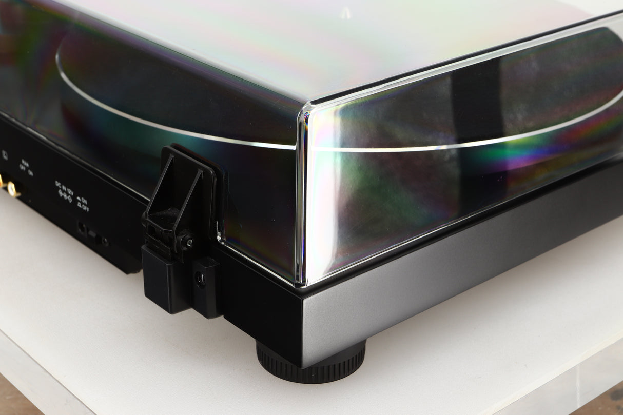 Rear left corner of a used Argon TT-3 PLUS Turntable / Ortofon 2M Red Cartridge in a black finish