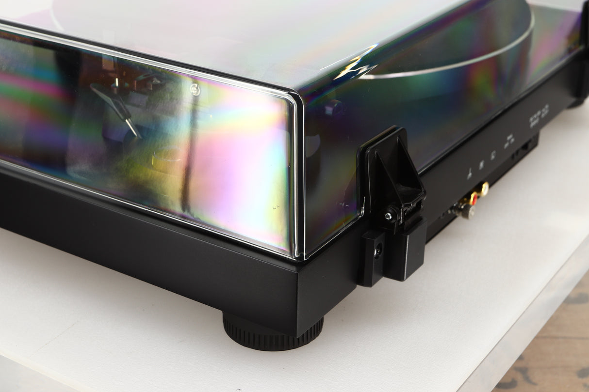 Rear right corner of a used Argon TT-3 PLUS Turntable / Ortofon 2M Red Cartridge in a black finish