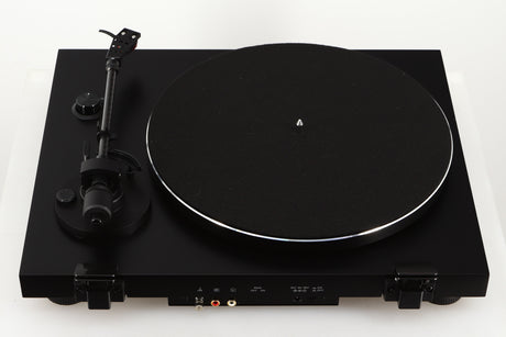 Rear view of a used Argon TT-3 PLUS Turntable / Ortofon 2M Red Cartridge in a black finish showing Phono Inputs and Power Input