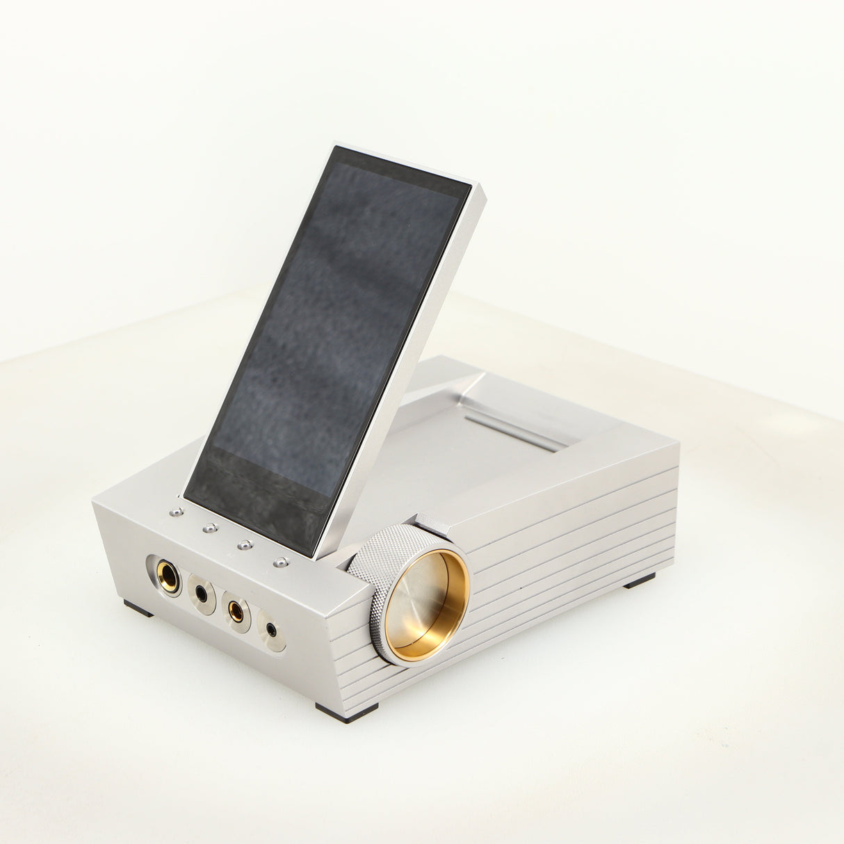 Front right corner of a used Astrell & Kern Acro CA1000 Headphone Amplifier in a silver finish