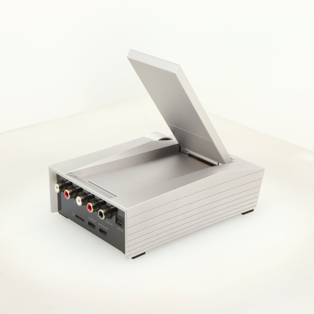 Rear left corner of a used Astrell & Kern Acro CA1000 Headphone Amplifier in a silver finish