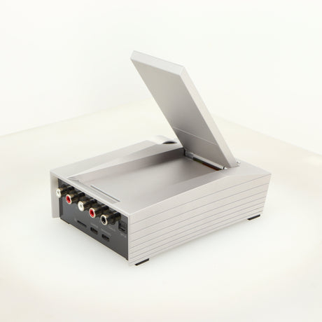 Rear left corner of a used Astrell & Kern Acro CA1000 Headphone Amplifier in a silver finish