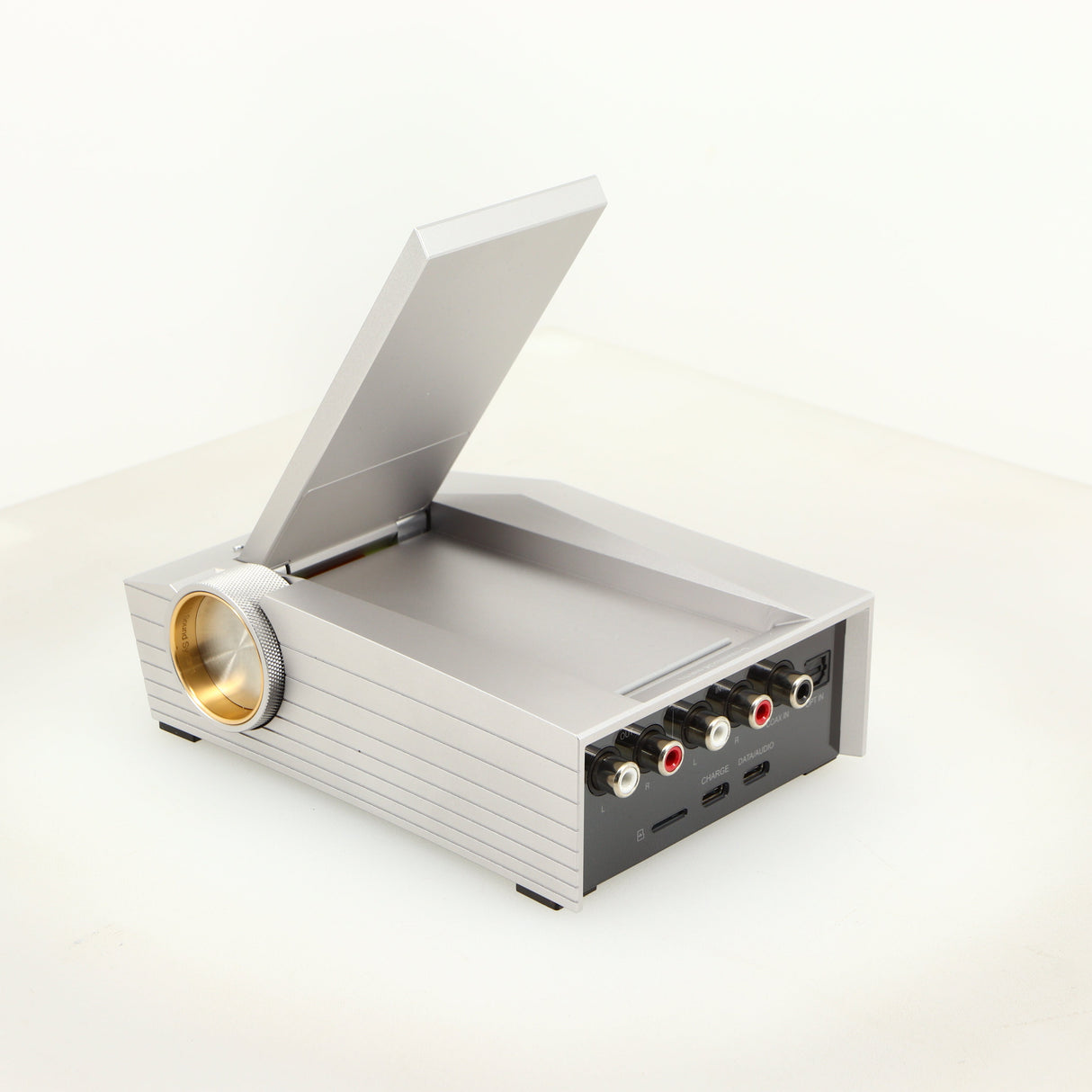 Rear right corner of a used Astrell & Kern Acro CA1000 Headphone Amplifier in a silver finish