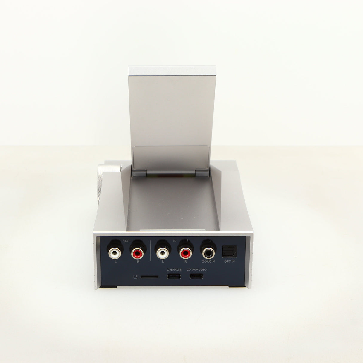 Rear view of a used Astrell & Kern Acro CA1000 Headphone Amplifier in a silver finish showing USB Input, Phono Inputs, Phono Outputs and Optical Input