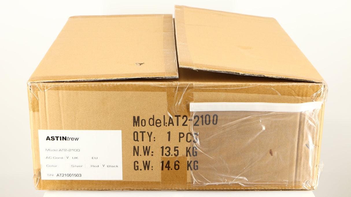 Box for a used Astin Trew AT2-2100 Integrated Amplifier in a black finish