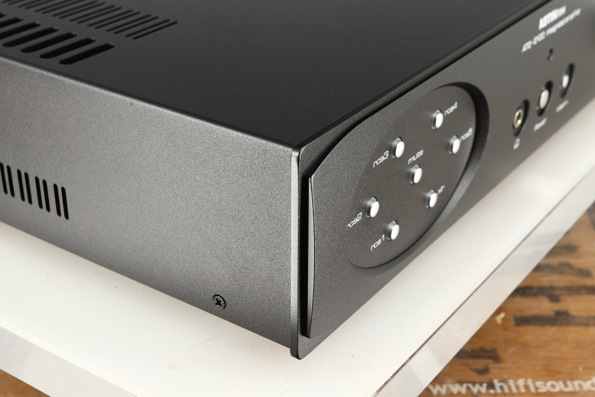 Front left corner of a used Astin Trew AT2-2100 Integrated Amplifier in a black finish