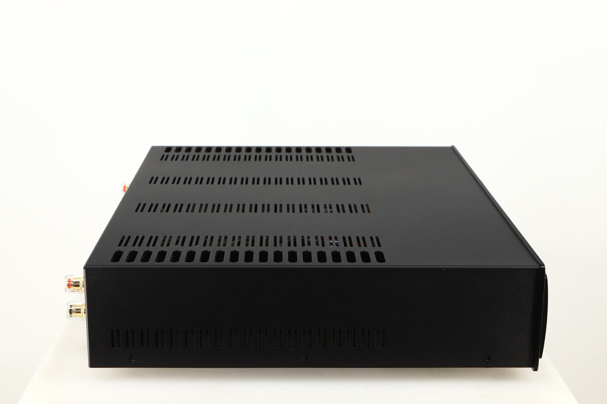 Left side view of a used Astin Trew AT2-2100 Integrated Amplifier in a black finish