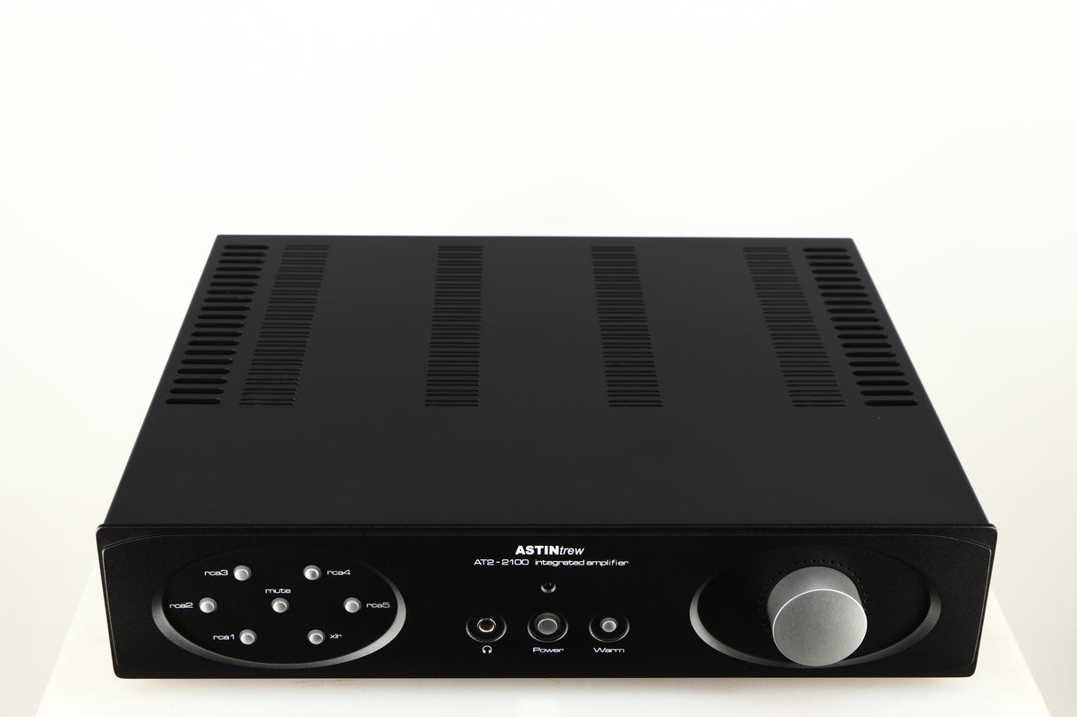 Top of a used Astin Trew AT2-2100 Integrated Amplifier in a black finish