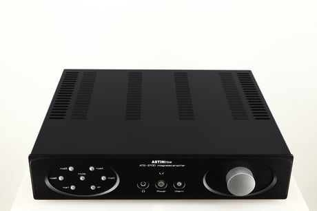 Top of a used Astin Trew AT2-2100 Integrated Amplifier in a black finish