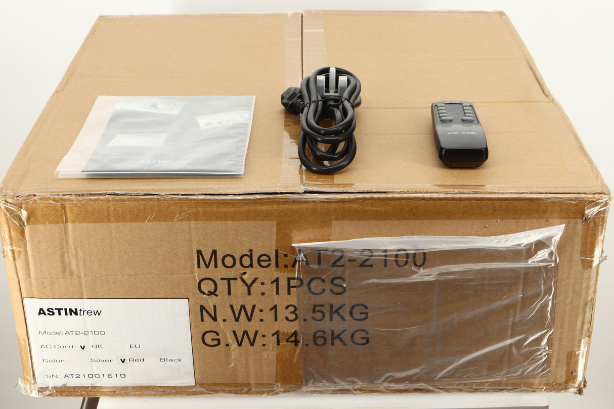 Box of an Astin Trew AT2-2100 Integrated Amplifier in Red finish