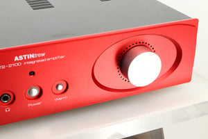 Close up view of an Astin Trew AT2-2100 Integrated Amplifier in Red finish
