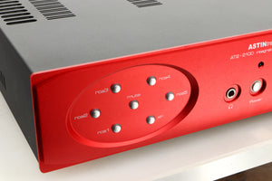 Close up view of an Astin Trew AT2-2100 Integrated Amplifier in Red finish