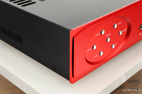 Front left corner view of an Astin Trew AT2-2100 Integrated Amplifier in Red finish