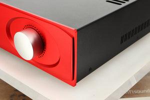 Front right corner view of an Astin Trew AT2-2100 Integrated Amplifier in Red finish