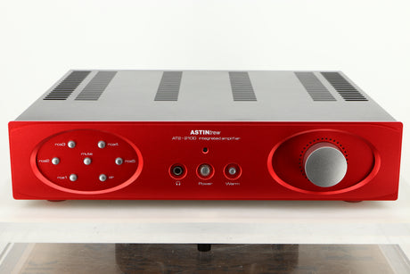 Front view of an Astin Trew AT2-2100 Integrated Amplifier in Red finish