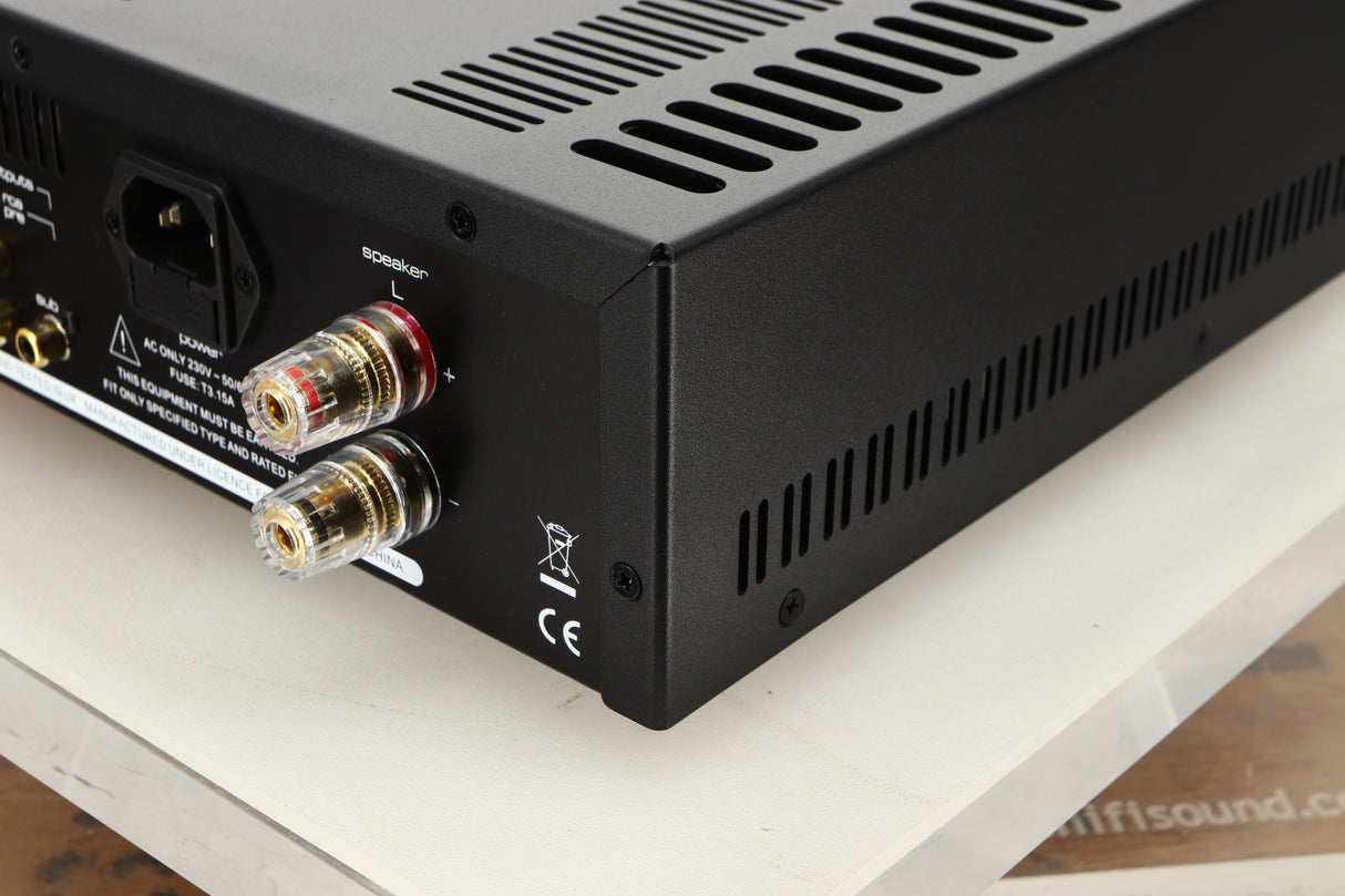 Rear right corner view of an Astin Trew AT2-2100 Integrated Amplifier in Red finish