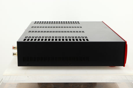 Side view of an Astin Trew AT2-2100 Integrated Amplifier in Red finish