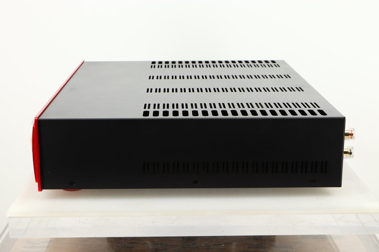 Side view of an Astin Trew AT2-2100 Integrated Amplifier in Red finish