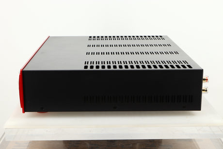 Side view of an Astin Trew AT2-2100 Integrated Amplifier in Red finish
