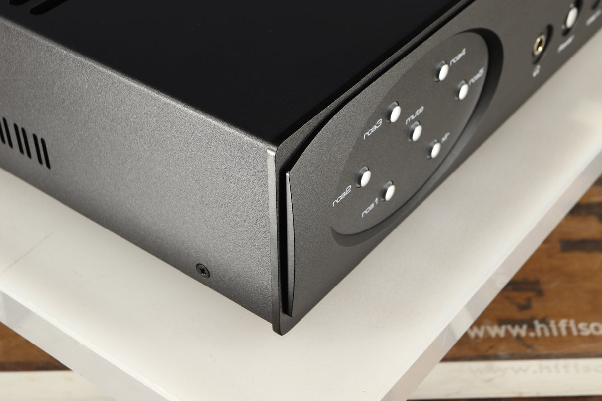 Front left corner of a used Astin Trew AT2-2100 Integrated Amplifier in a black finish