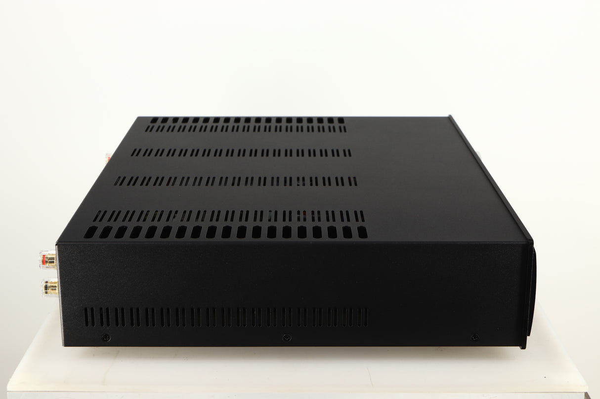 Left side view of a used Astin Trew AT2-2100 Integrated Amplifier in a black finish