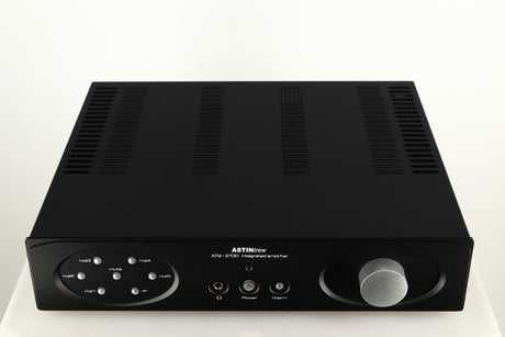 Top of a used Astin Trew AT2-2100 Integrated Amplifier in a black finish