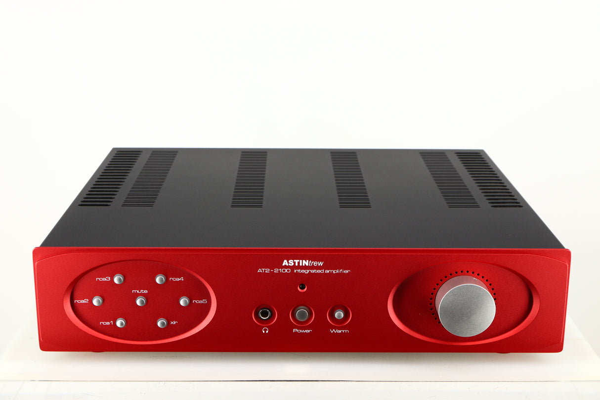 Front view of a used Astin Trew AT2-2100 Integrated Amplifier in a red finish