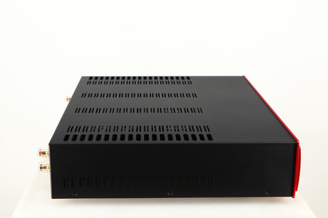 Left side view of a used Astin Trew AT2-2100 Integrated Amplifier in a red finish