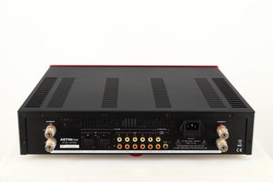 Rear view of a used Astin Trew AT2-2100 Integrated Amplifier in a red finish showing Phono Inputs, Phono Outputs, Speaker Outputs, XLR Inputs and Mains Input