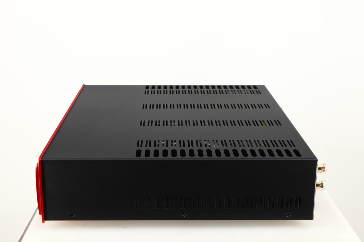 Right side view of a used Astin Trew AT2-2100 Integrated Amplifier in a red finish