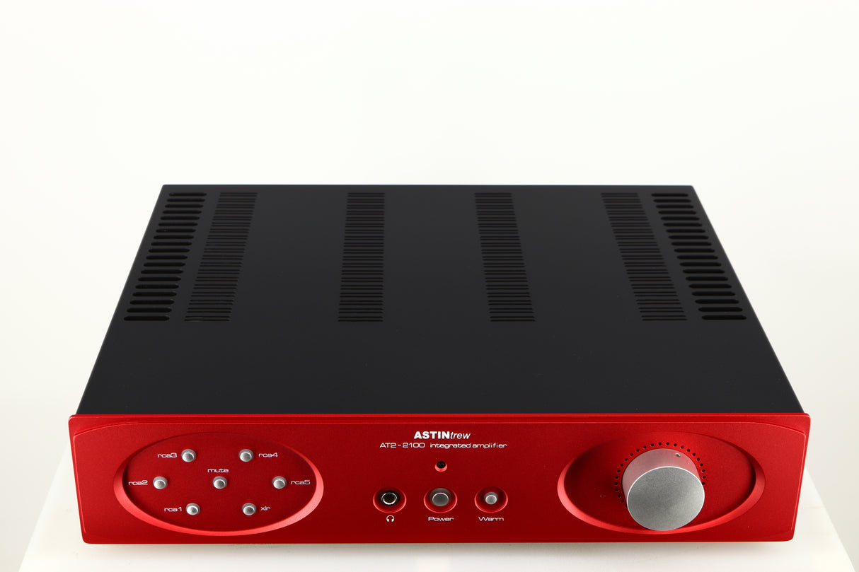 Top of a used Astin Trew AT2-2100 Integrated Amplifier in a red finish