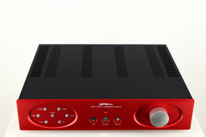 Top of a used Astin Trew AT2-2100 Integrated Amplifier in a red finish