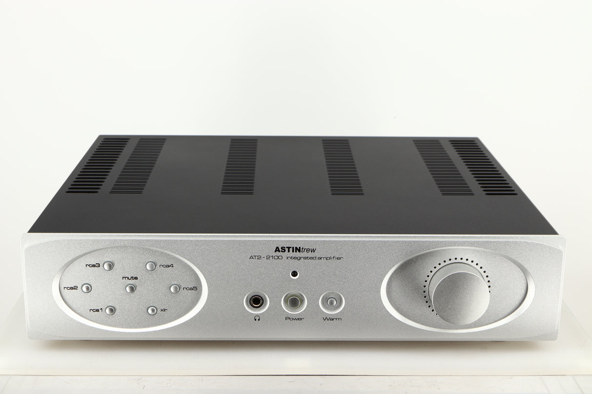 Front view of a used Astin Trew AT2-2100 Integrated Amplifier in a silver finish