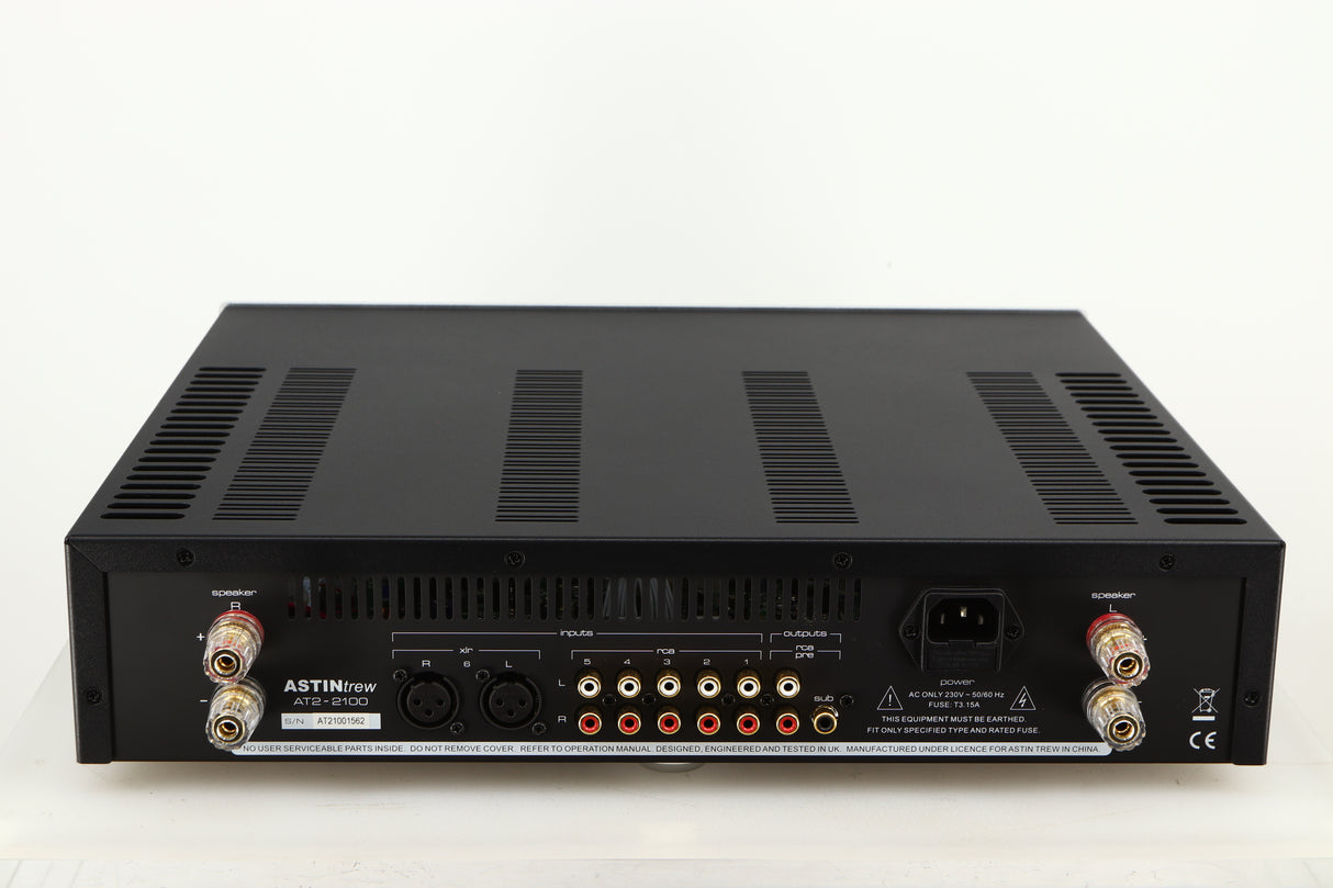 Rear view of a used Astin Trew AT2-2100 Integrated Amplifier in a silver finish showing Phono Inputs, Phono Outputs, Speaker Outputs and Mains Input