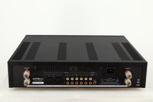 Rear view of a used Astin Trew AT2-2100 Integrated Amplifier in a silver finish showing Phono Inputs, Phono Outputs, Speaker Outputs and Mains Input