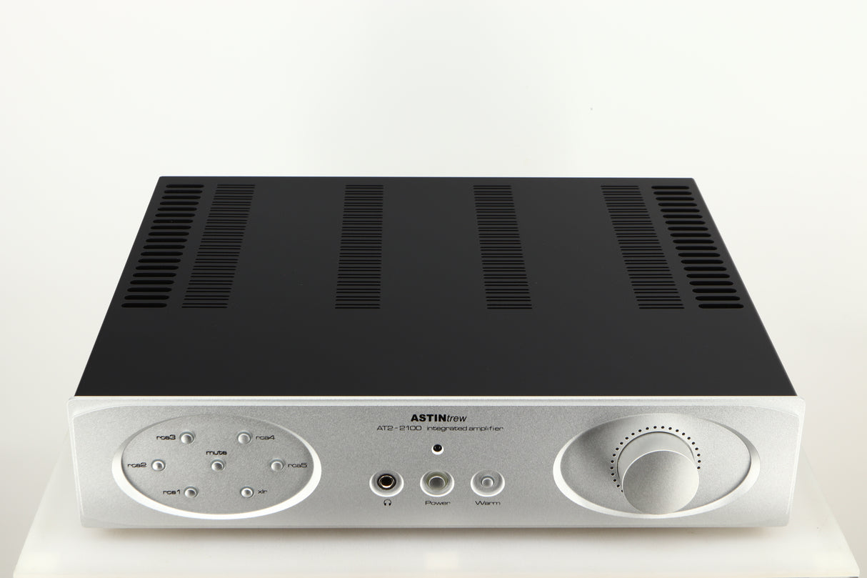 Top of a used Astin Trew AT2-2100 Integrated Amplifier in a silver finish